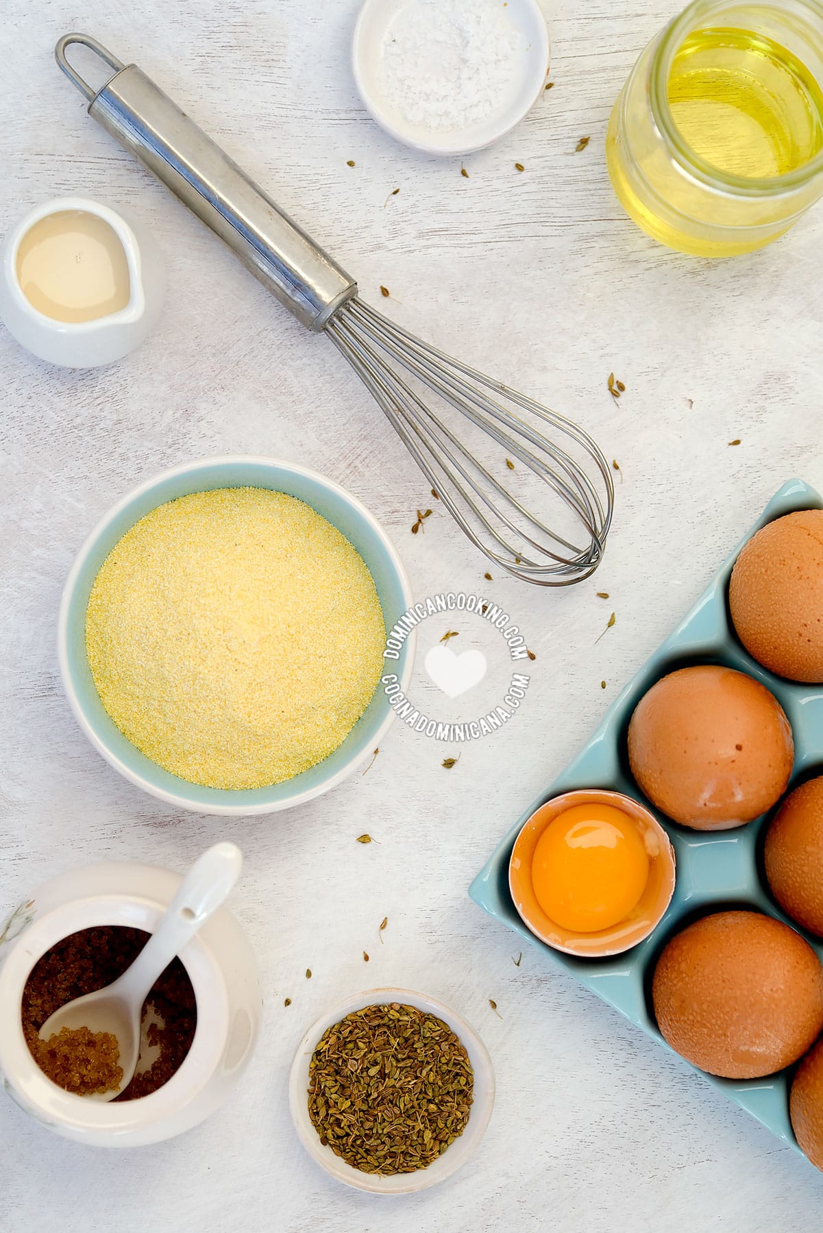 Ingredients for arepitas de maiz (cornmeal fritters).