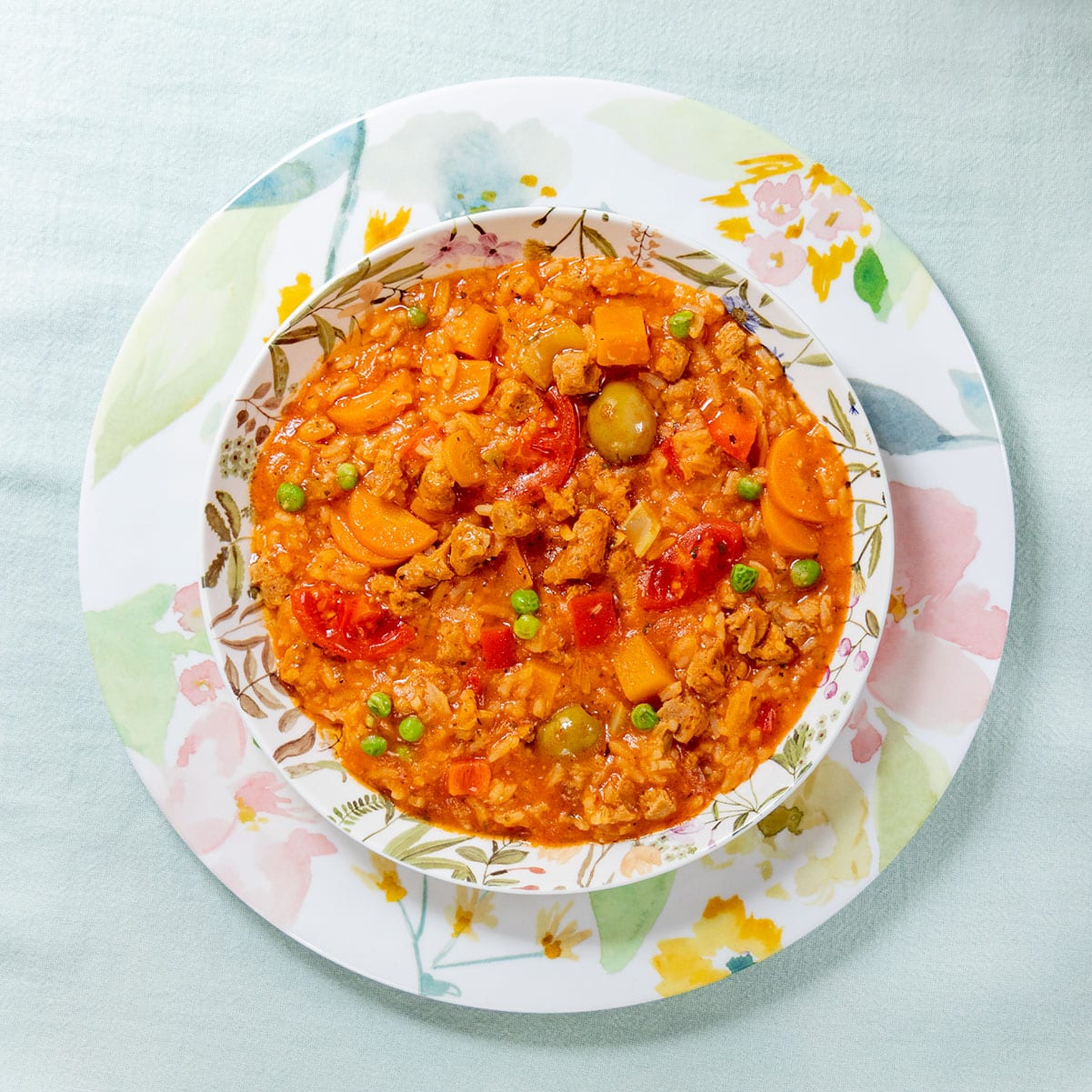 Vegan asopao (rice, textured soy & vegetables stew).