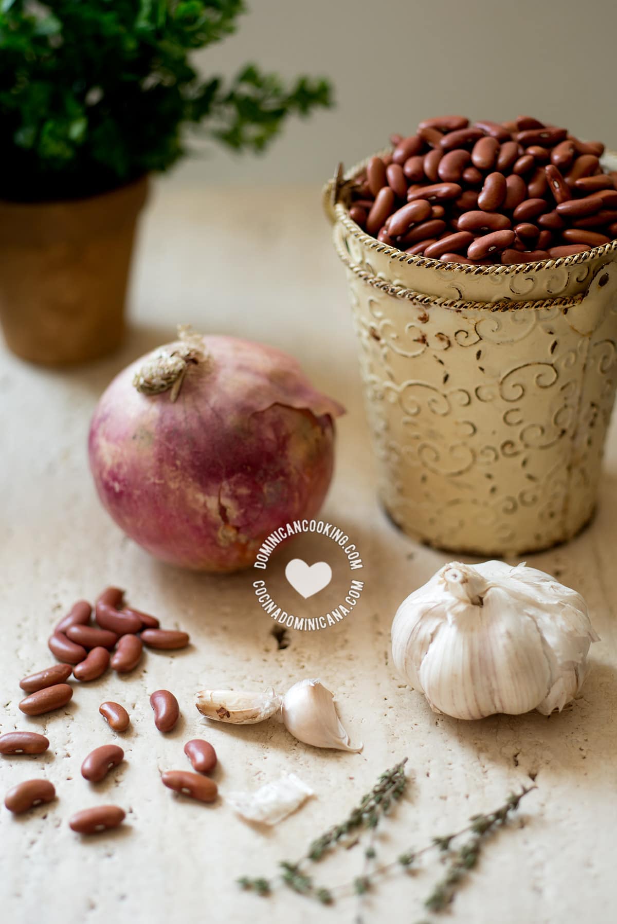 Ingredients for habichuelas guisadas.