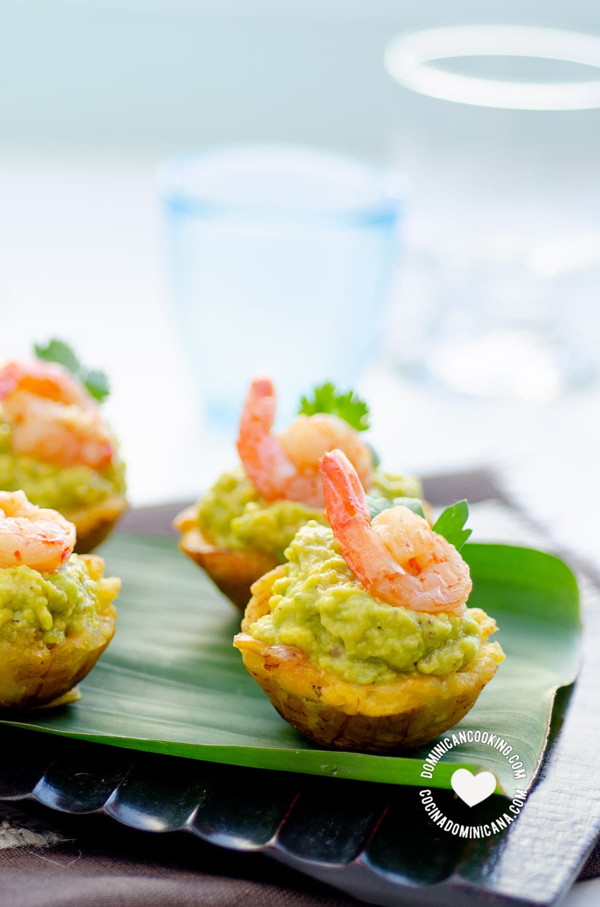 Tostones rellenos with shrimp and avocado.