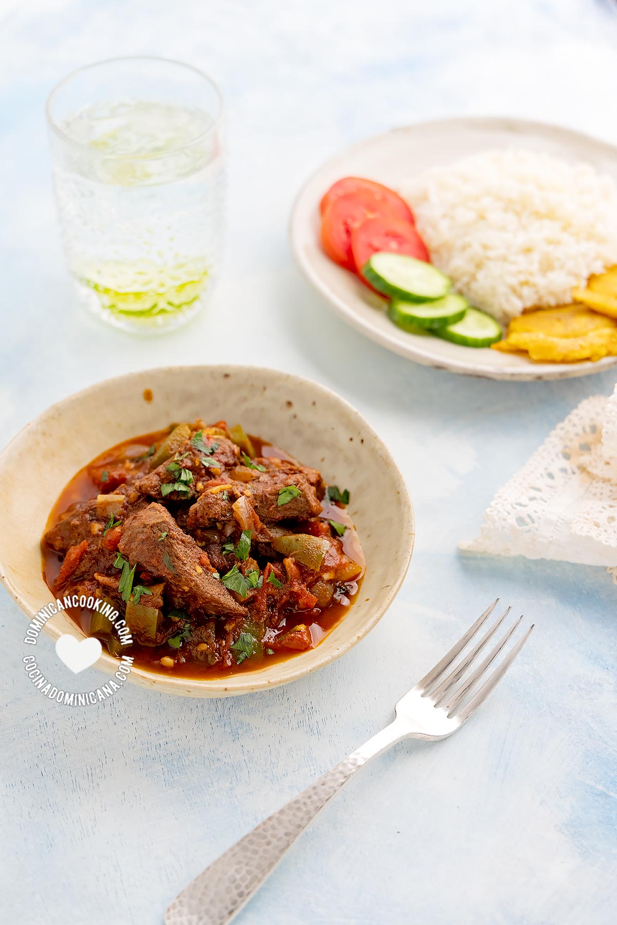 Carne de res guisada (dominican braised beef) served next to rice, tostones, and salad.