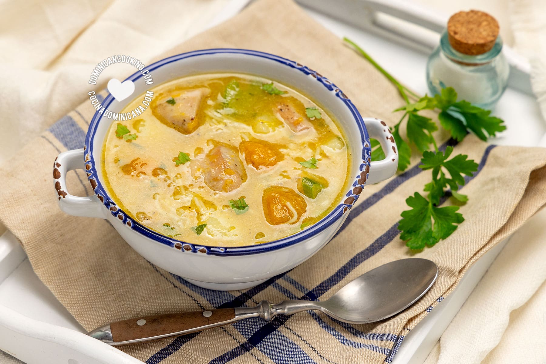 Caldo de pollo or sopa de gallina.