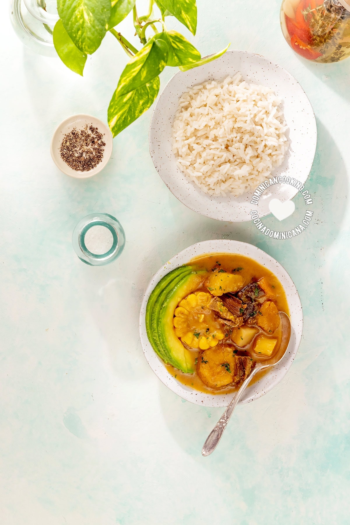 Vegetarian and vegan sancocho with rice and avocado.